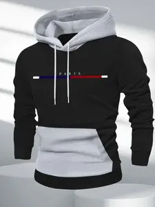Men's Casual Paris Striped Letter Print Hoodie - Comfortable and stretchy fabric, long-sleeve hooded sweatshirt with kangaroo pocket, suitable for walks,  Motocross Pullover Operator Menswear Tops