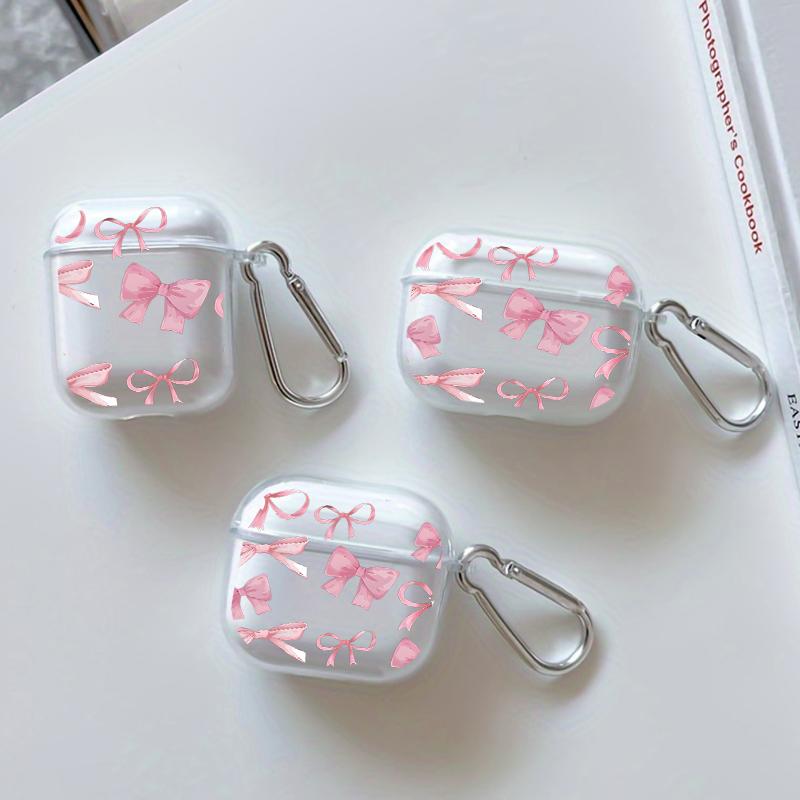 Pink Bow Delight Pattern Protective Case for AirPods 4/3/2/1/Pro/Pro2 Soft TPU Earphone Cover, Transparent with Keychain
