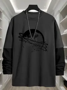 Gothic Print Loose Fit Long Sleeve Round Neck T-Shirt, Casual Loose Tee, Fashion Street Style Casual Top, Comfortable Trendy Gift for Men & Women