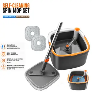 Spin Mop Bucket Set with Rinse and Wringer Clean and Dirty Water Seperation Mop Bucket and Washable Microfiber Mop Pads Dual Compartment