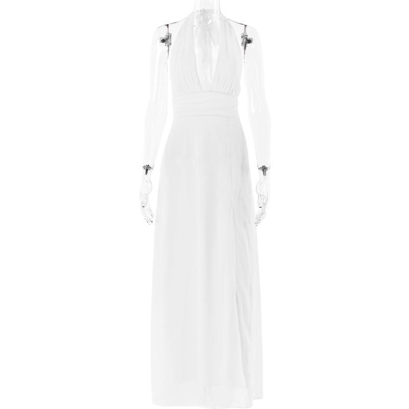 White Dres2025 Women's Clothing V-neck Halter Lace-up Backless Slit Dress Fashion Temperament Long Dress Formal Womenswear White Dres2025 Women's Clothing V-neck Halter Lace-up Backless Slit Dress Fashion Temperament Long Dress Formal Womenswear