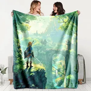 Zelda Legend Link Castle View Print Flannel Blanket, Comfortable Warm Durable, Ideal for Sofa Office Bed Camping Travel, Perfect Holiday Gift