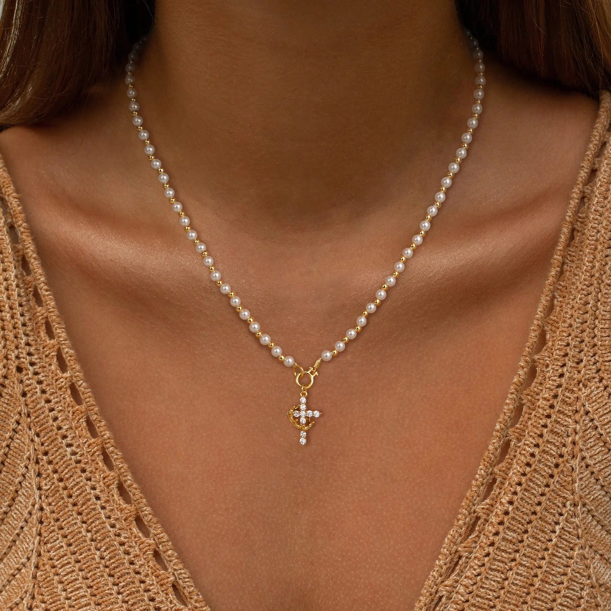 Tewiky Gold Pearl Cross Necklace for Women Gold Necklace Pearl necklace Cross Necklace SummerVibes Gifts for Girls