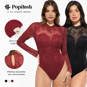 Popilush Essential Deep V-Neck Long Sleeve Bodysuit  Breathable Fabric Sheer Lace Turtleneck with Built-in Bra & Tummy Control Casual
