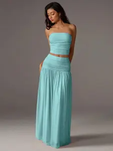 Women's Mesh Solid Color Strapless Top and Long Skirt Two-Piece Set, Elegant, Chic and Comfortable for Daily Wear, Perfect for Special Occasions