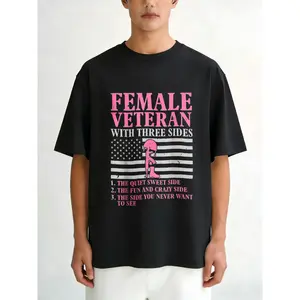 Female Veteran With Three Sides T Shirt Black American Flag And Pink Text Graphic Design For Casual Wear And Military Pride Expression