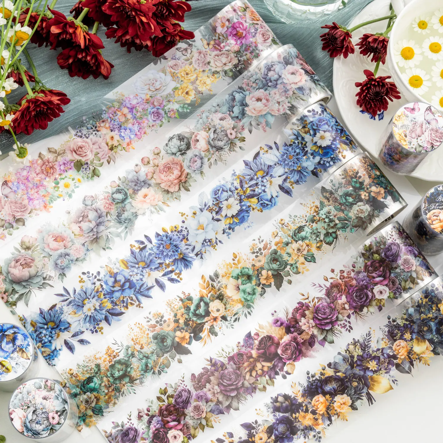 PET Tape Four Seasons of Flowers Series Light Retro Plant and Flower Decorative Planner DIY Landscape Collage Acrylic Stickers Vinyl Decal Sticker Adhesive Vinyl Decal Wax Stamp Kit Glossy Vinyl Sticker