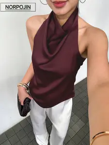 Women's Satin Halter Top, Sleeveless Backless Tank Top, Fashionable Trend Solid Color, Fitted Style, Perfect for Casual Wear
