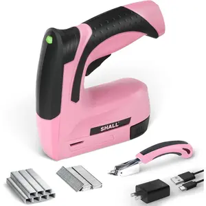 Pink Electric Staple Gun, 2 in 1 Cordless Upholstery Stapler Nail Gun for Wood, 4V Rechargeable Brad Nailer Kit w/ 2500 Staples Nails, Staple Remover & Fast Charger for Crafts, DIY, Decoration