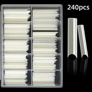 240pcs C curved square nail stickers - Transparent gloss full covered acrylic fake nails, medium length coffin shaped nails, solid color artificial nails, with box attached
