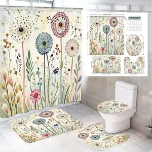 4pcs Whimsical Floral Bathroom Decor Set, Hand-Drawn Dandelion Seed Heads, Shower Curtain Sets, Toilet Seat Cover, Floor Mat, Bathroom Decoration Accessories, The floor mat fabric is thicker and softer! Perfect for Spring Refresh and Easter Vibes