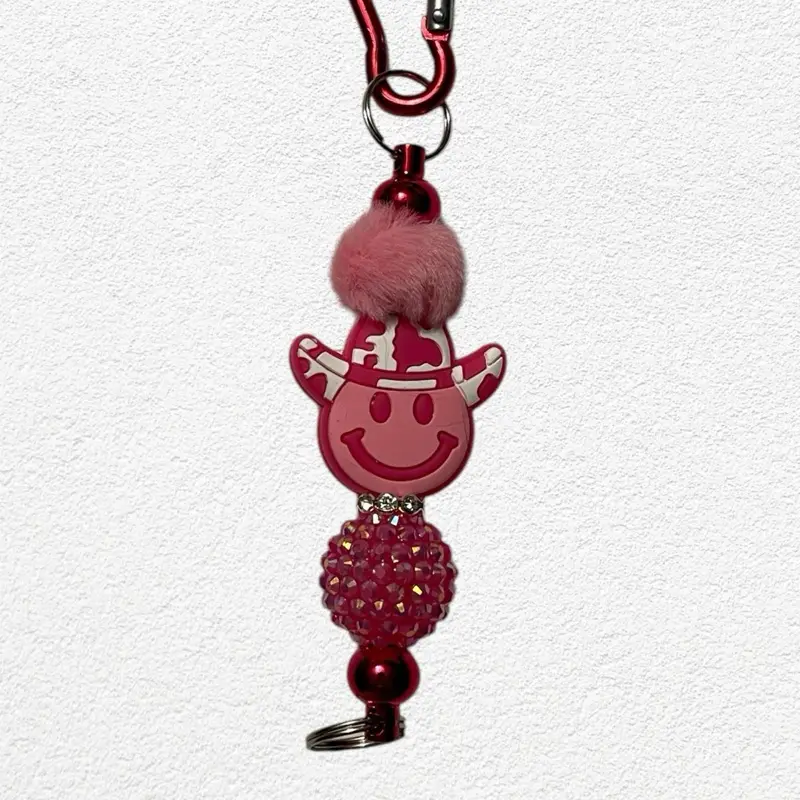 Pink Happy Face With Cowboy Hat Beaded Carabiner Keychain Bag Charm