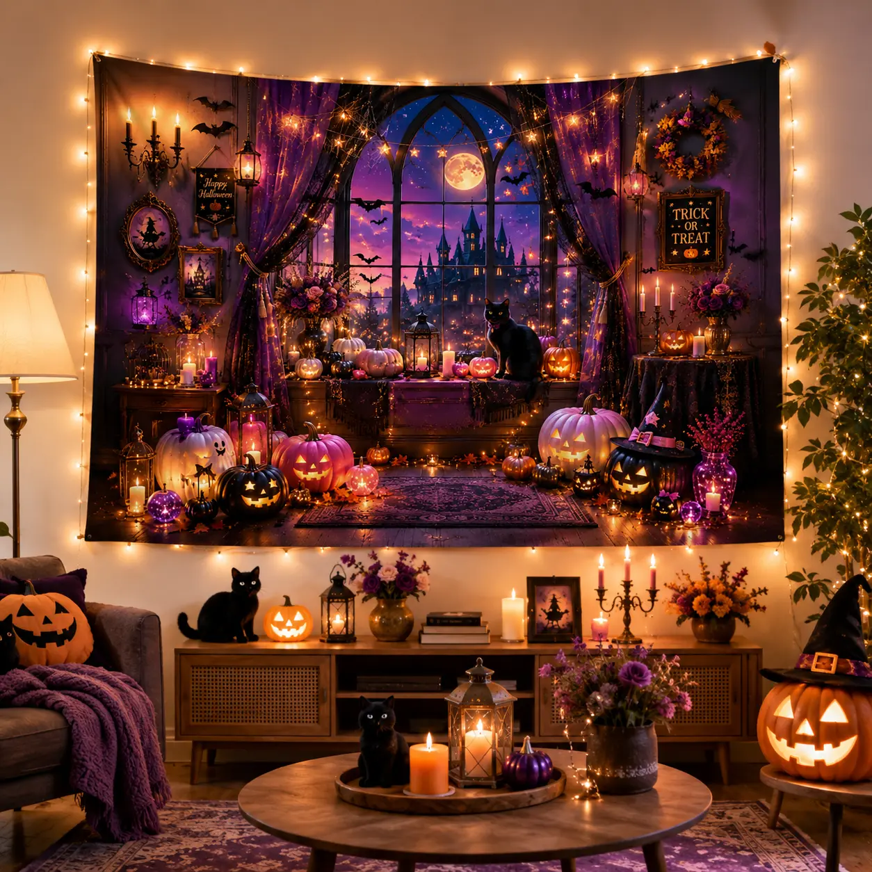 Enchanted Halloween Polyester Backdrop - Hangable Multi-Size Photo Booth Decor, Colorful Pumpkin Moon Forest Props, Festive Banners for Home & Party Supplies