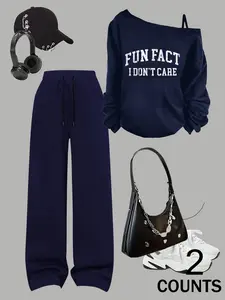 Y2K Loose Fit Sweater Set, Fun Fact Print, Fitted Design, Soft Skin-Friendly Fabric, Perfect for All Seasons, Casual Fashion, Womenswear