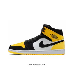 Vintage Bold Yellow Black White High Top Leather Trainers Three-Tone Contrast Upper Shock Absorbing Yellow Outsole Daily Walking Sneakers