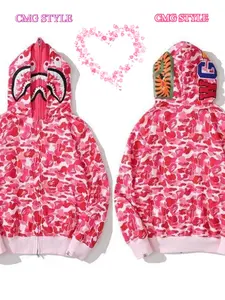 Women's Double Hooded Camo Shark Zip-Up Hoodie - Unique Shark Design, Loose Fit, Warm & Light Beige-Friendly Fabric, Smooth Zipper, Casual Streetwear for Fall/ Winter, Layering Essential, Casual Streetwear | Unique Hoodie | Smooth Zipper Hoodie