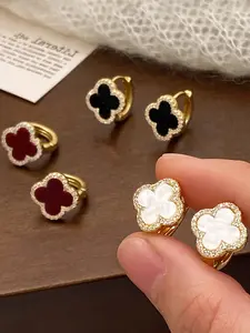 Elegant French Vintage Copper Earrings Set, Zirconia Embellished Clover Design, Fashionable Women's Jewelry, Versatile Flower Pattern, Hoop Earrings