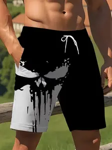 Men'S Summer Shorts: Quick-Dry, Stretchy Polyester with Cooling Geometric Print – Minimalist Black/White