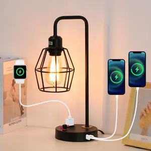 Industrial Dimmable Table Lamps, Modern Black Bedside Lamp with USB A+C AC Outlet  Ports, Farmhouse Lamp with Metal Cage Shade for Bedroom, Office, Living Room, Bulb Included