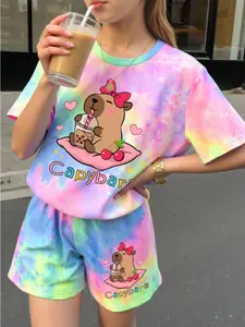 Girls' Casual Bowknot Cherry Butterfly Print Set, Fashion Clothes Set, Cute Clothing Set, Summer Short Sleeve Top + Shorts, Cute All Season, Loose-Fitting Style