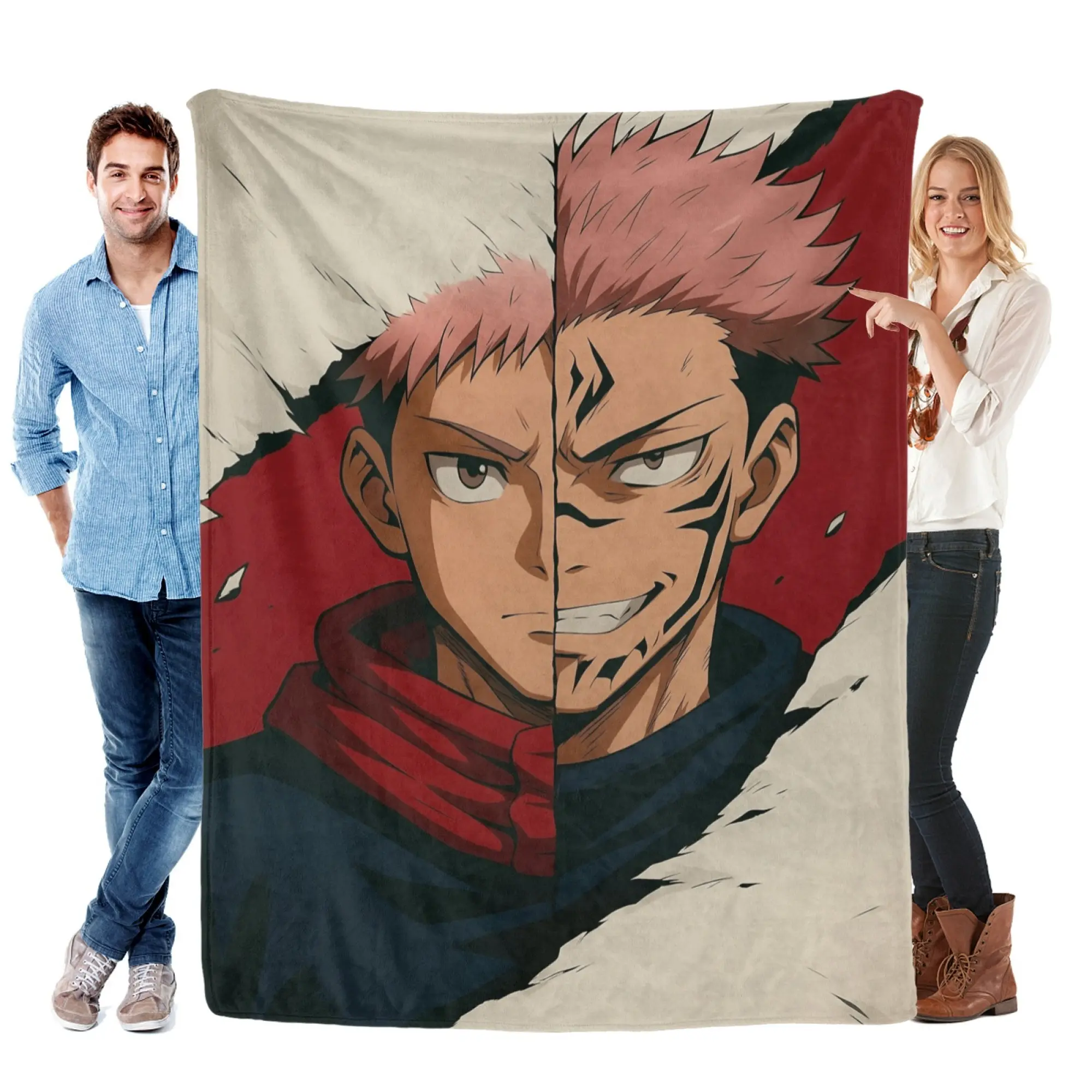 Jujutsu Kaisen Yuji Itadori & Sukuna Split Flannel Blanket - Anime-Inspired Throw, Iconic Dual Portrait Design, Ultra-Soft Cozy Anime Art Blankets for JJK Fans, Gifting, Room Decor