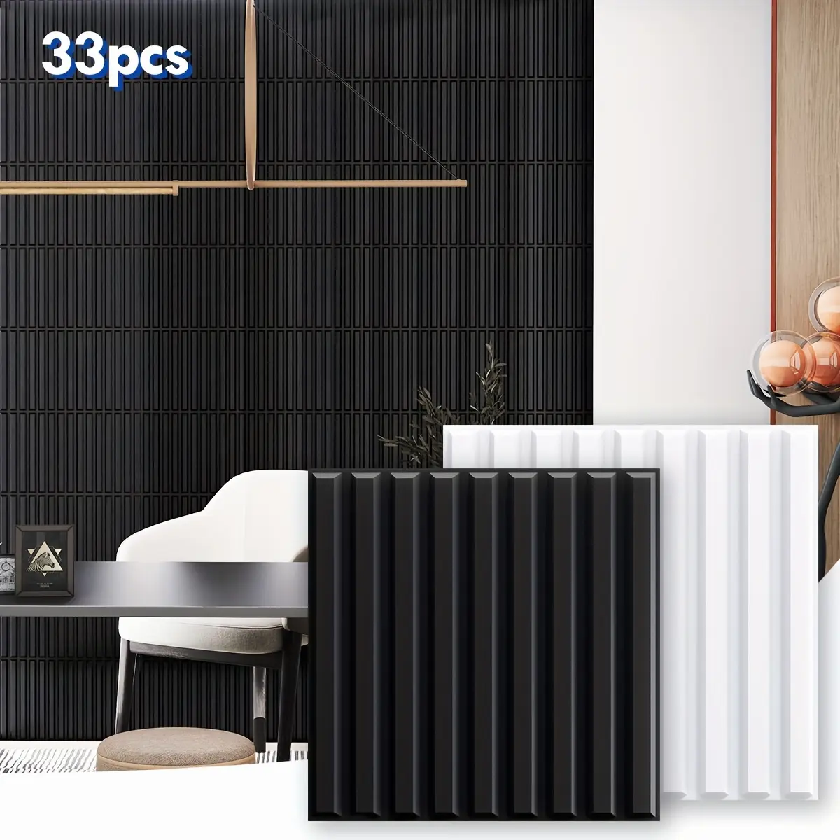 33pcs 3D PVC Wall Panels in Modern Slat Pattern, Black and White, 11.8"x11.8" (30x30cm), Perfect for Stylish Living Rooms, Bedrooms, TV Backdrops, Kitchen Walls, and Sleek Office Interiors