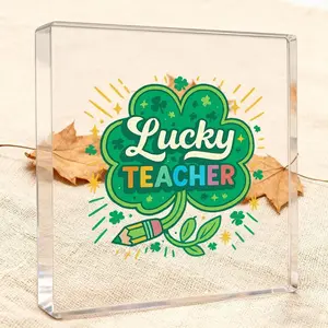 St Patrick's Day Acrylic Plaque, Teacher Theme, Clover, Colorful Pencils, Mini Clovers, Starburst, Desktop Decor, Gift Idea