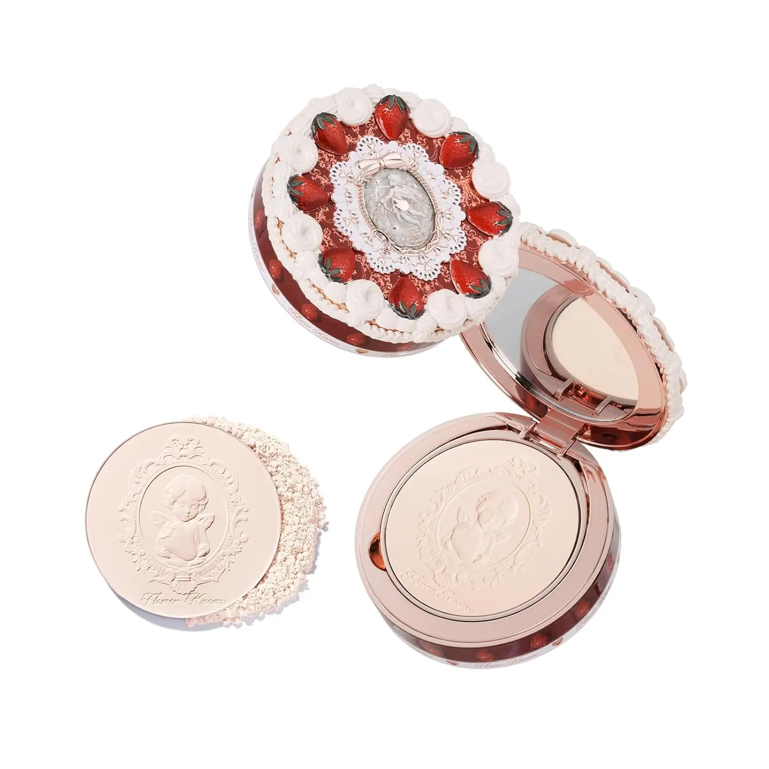 Strawberry Cupid Pressed Powder,All Day Makeup & Setting Backed Powder,Smooth Brighten Oil-Control Compact with Mirror and Puff,Pore Blurring Backed Powder,0.34 oz(02 Ivory Beige)