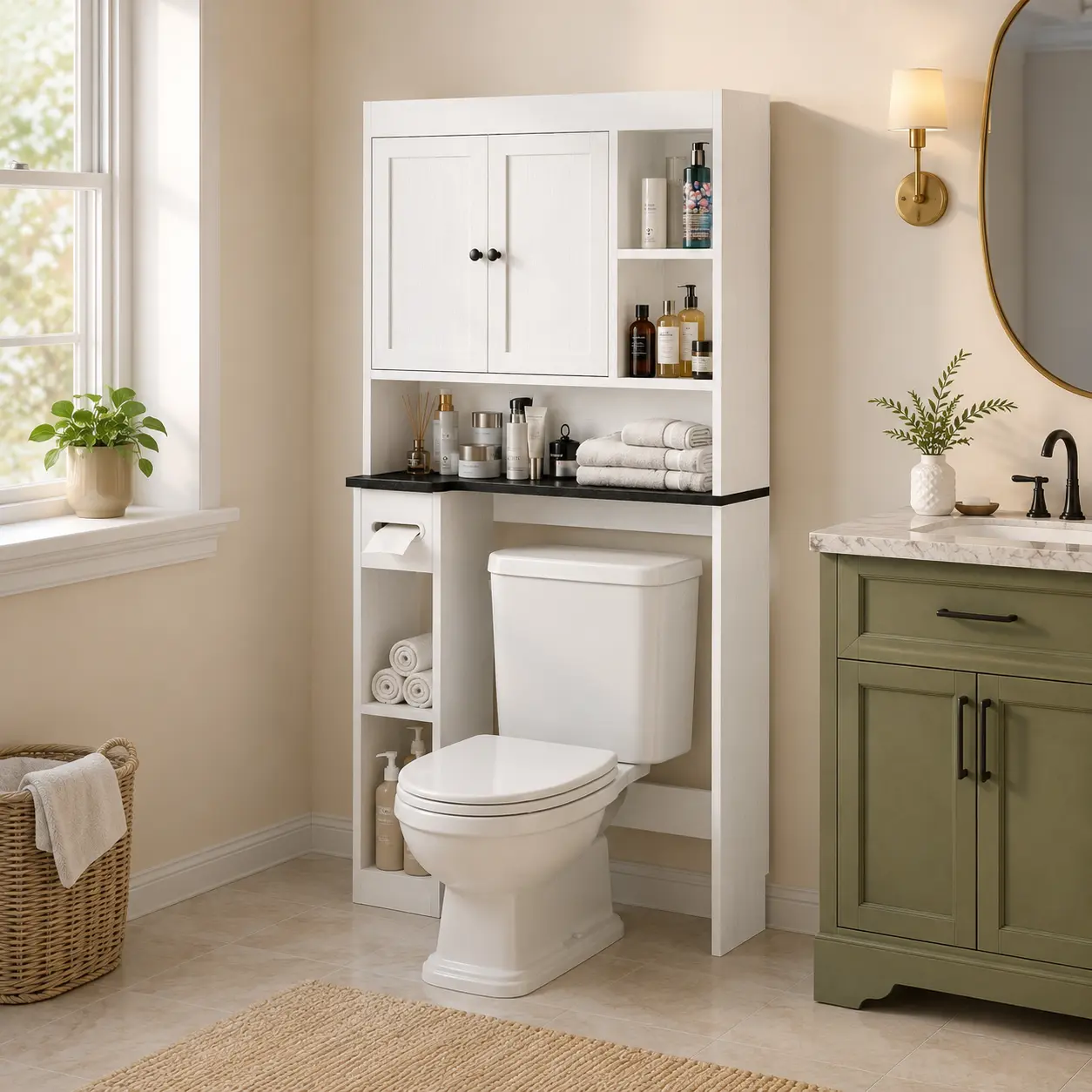 Sturdy White Farmhouse Above-Toilet Storage Cabinet - 2 Doors, 7 Shelves, Adjustable Shelf, Toilet Paper Holder, Freestanding Efficient Storage Solution for Restroom, Laundry Room