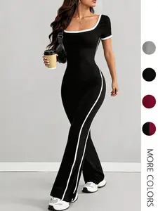Low Neck U-Neck Striped Slim Fit Workout Jumpsuit, Short Sleeve Micro Flare Patchwork, Casual Spring & Fall Women's Clothing, Stretchable Activewear