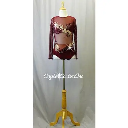 Burgundy Mesh Long Sleeve Leotard with Embroidered Appliques - Swarovski Rhinestones