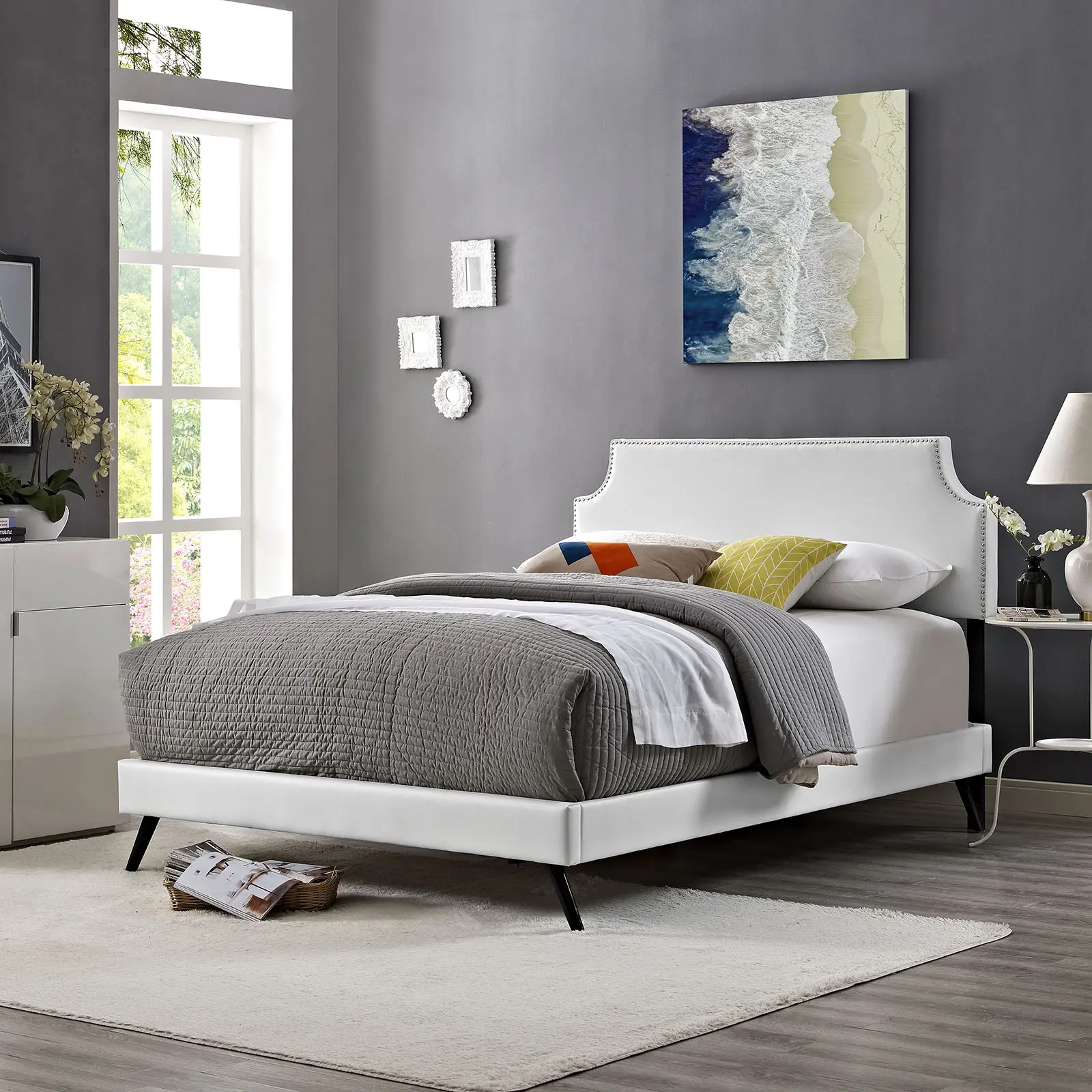 Modway Laura Upholstered Vinyl Full Sturdy Platform Bed Frame - Modern Design, Round Splayed Legs, Slatted Bed Base, White