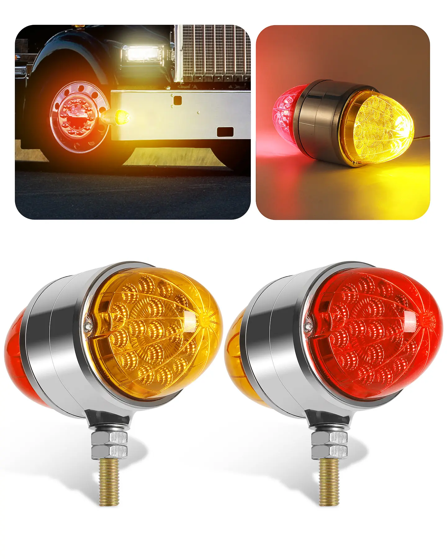 ASNOO 2PCS Double Face 34-LED Watermelon Turn Signal & Parking Lights, Chrome Waterproof Fender Vehicle Accessories, 3-Wire Plug Car Lighting for Semi Trucks