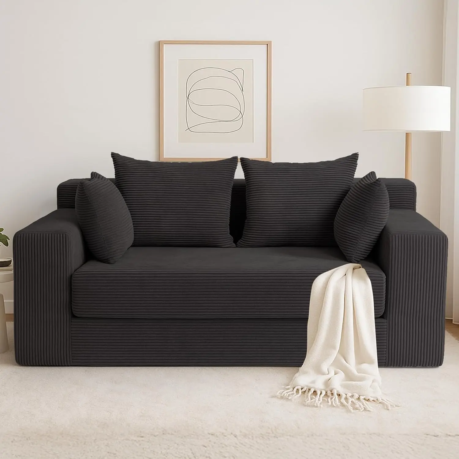 Winzoo 3-in-1 Convertible Corduroy Sofa Bed - Boneless Oversize Single Loveseat Folding Futon Sleeper with 4 Pillows, Small Pull-Out Couch for Living Room Indoor Furniture Sofas, Sofas Living Room