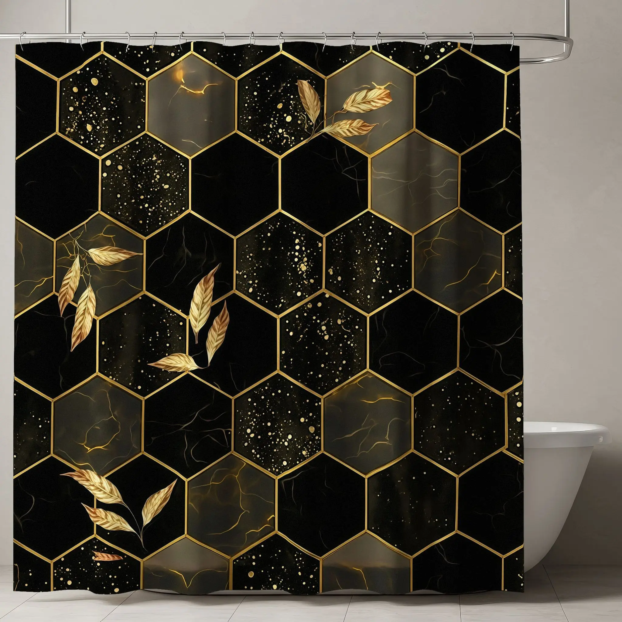 Elegant Honeycomb Shower Curtain, Hexagonal Pattern, Abstract Marble Designs, Artistic Wheat Illustrations, Modern Bathroom Decor