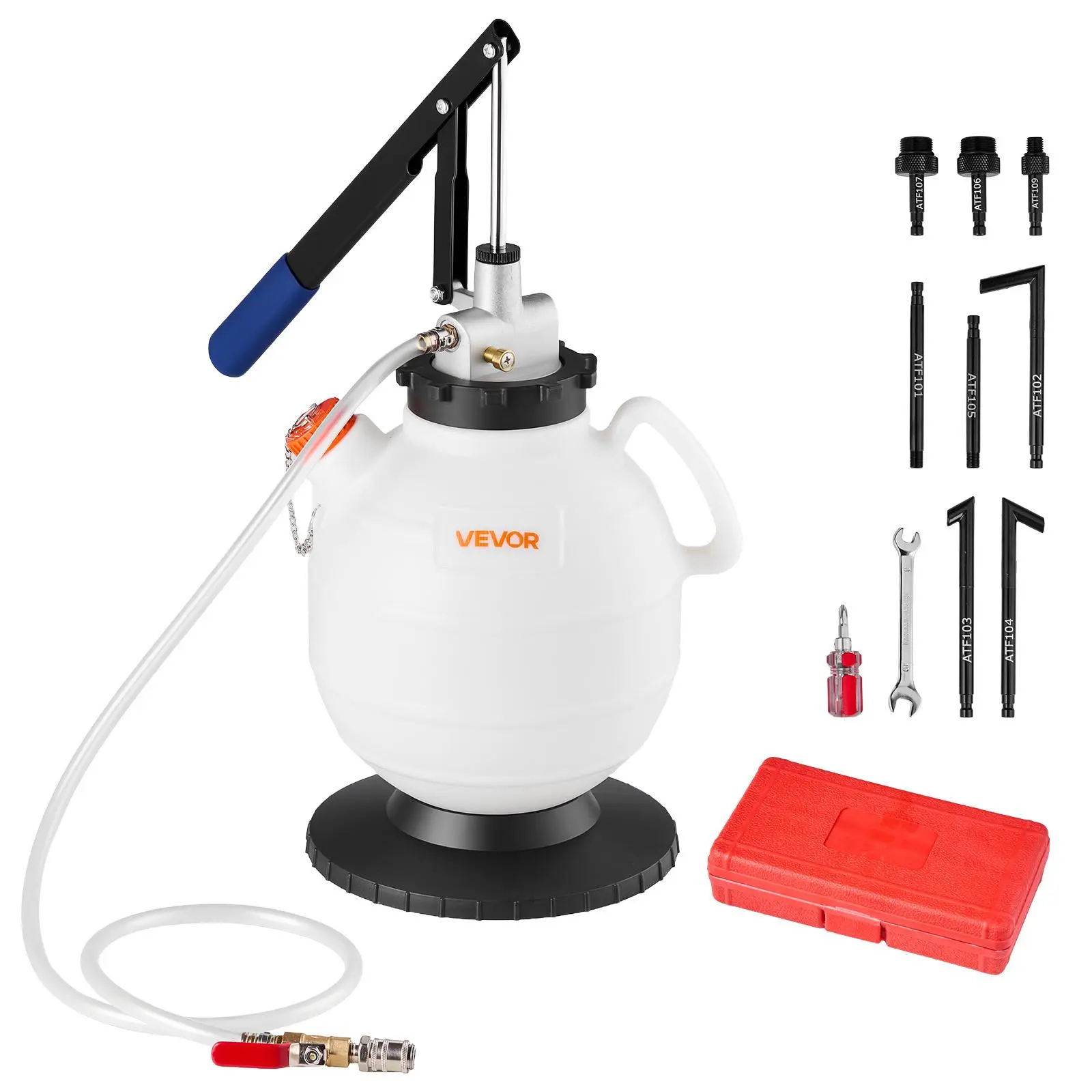 VEVOR Manual Transmission Fluid Pump Kit, Large 7.5 L Durable HDPE Body Reservoir ATF Refill Kit with 8 ATF Adapters, 47 in Reinforced PU Hose, Brass Flow Valve, Fast Pumping Power Worry-Light Tool for Cars, Lawn Mowers