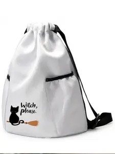 1 piece of black cat witch pattern 2D printed drawstring backpack - large capacity durable fitness bag, with adjustable shoulder straps, suitable for both men and women, essential for travel, hiking, and camping