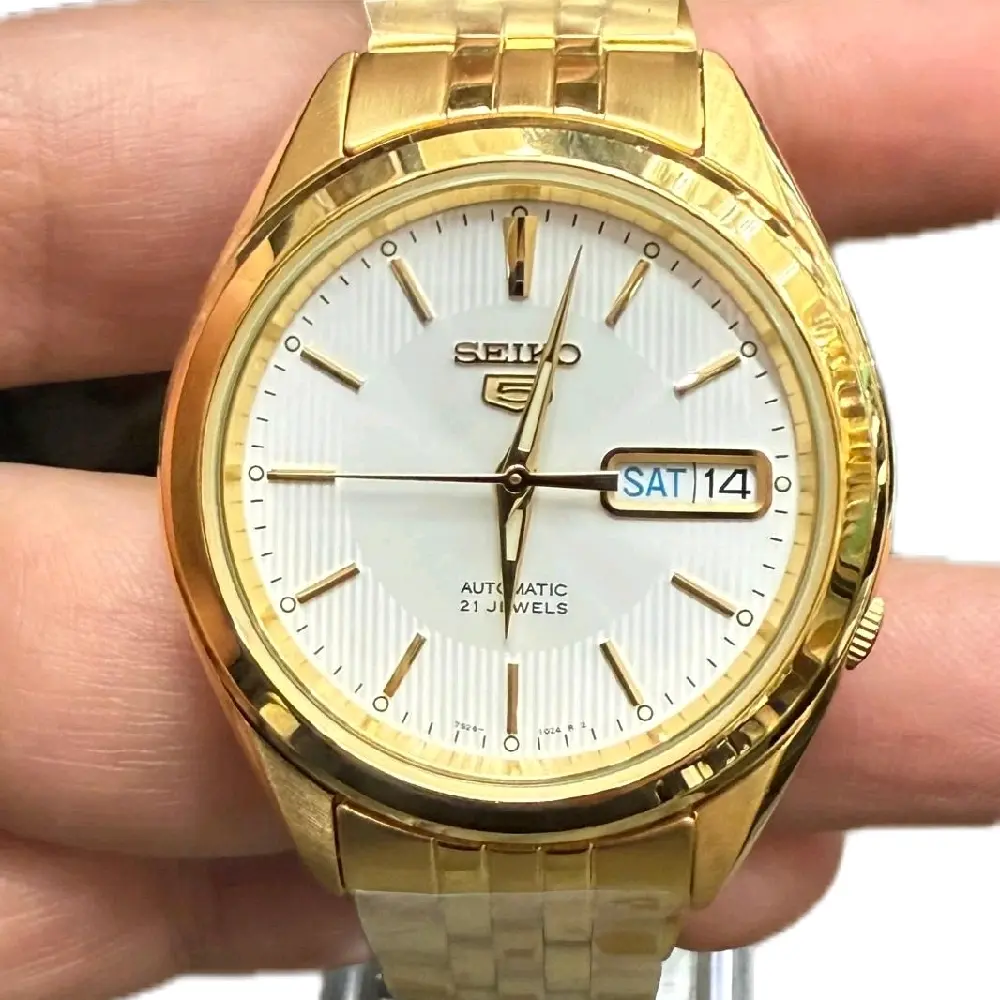 New Seiko 5 gold stainless steel Automatic white face men's s watch SNKL26K1