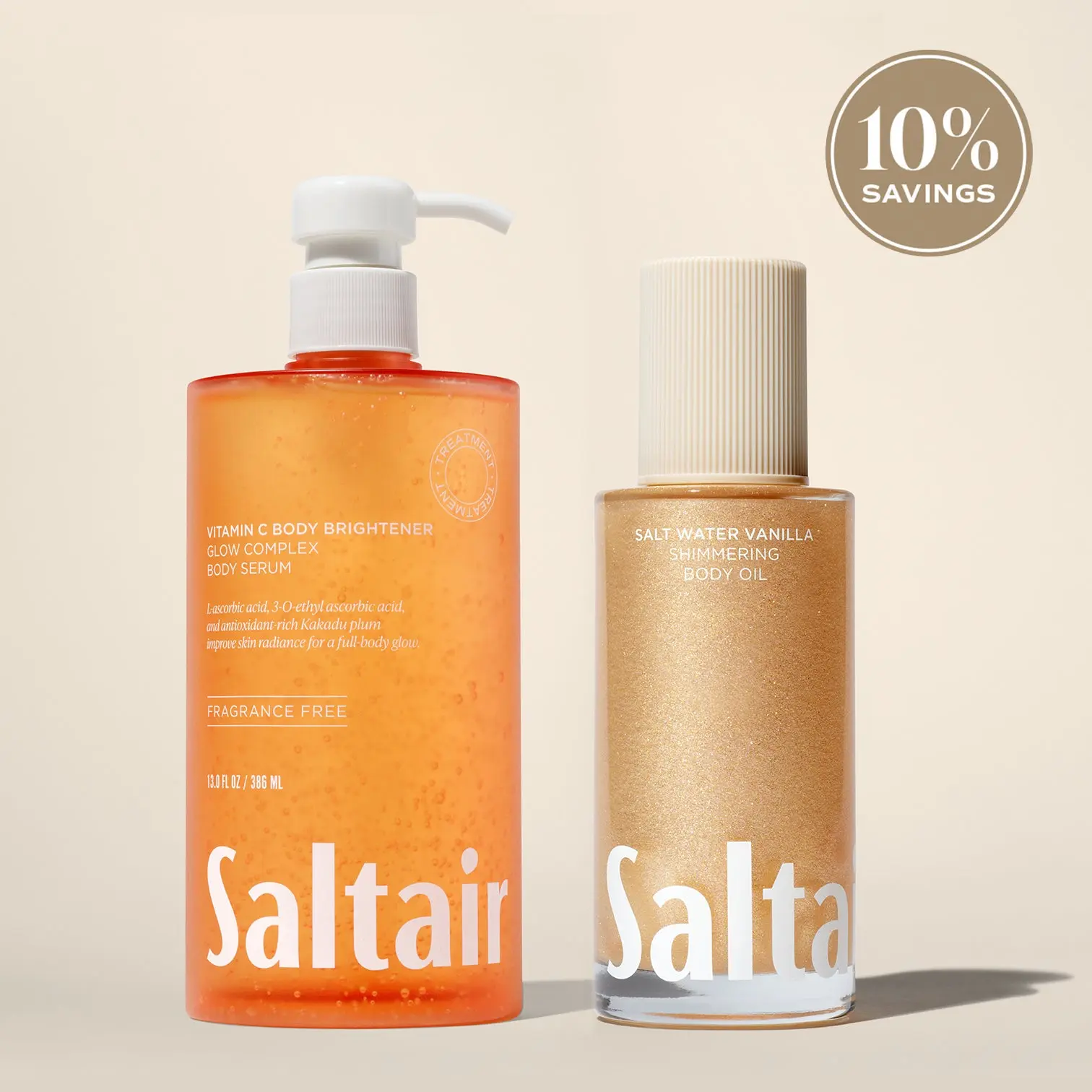 Saltair Brighten & Glow Duo - Vitamin C Body Brightener Glow Body Serum (13 fl oz) , Salt Water Vanilla Shimmering Body Oil (4 fl oz)