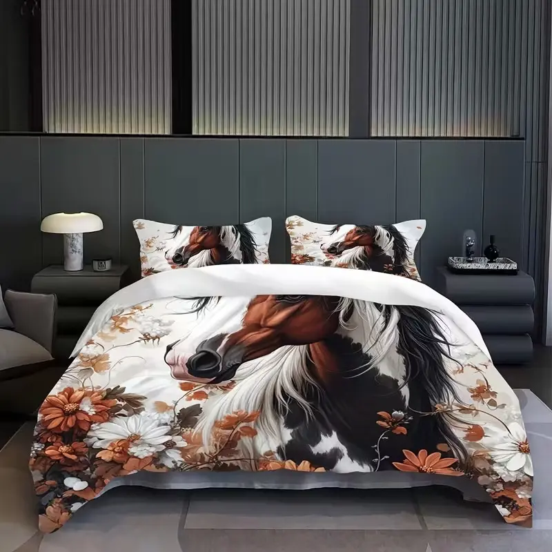 Three-Piece Horse Pattern Bedding Set, Decorative Bedding Set, Soft Comfortable Breathable, Bedroom Decoration, Durable Fashion Design, Perfect Gift