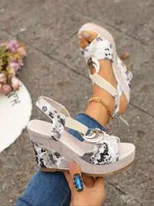 Vintage Floral Wedge Sandals, Metal Ring Buckle Thick Sole High Heels, Summer Fake Outdoor Women's Shoes, Fashion Random Print Textile Upper, Stylish, Elegant
