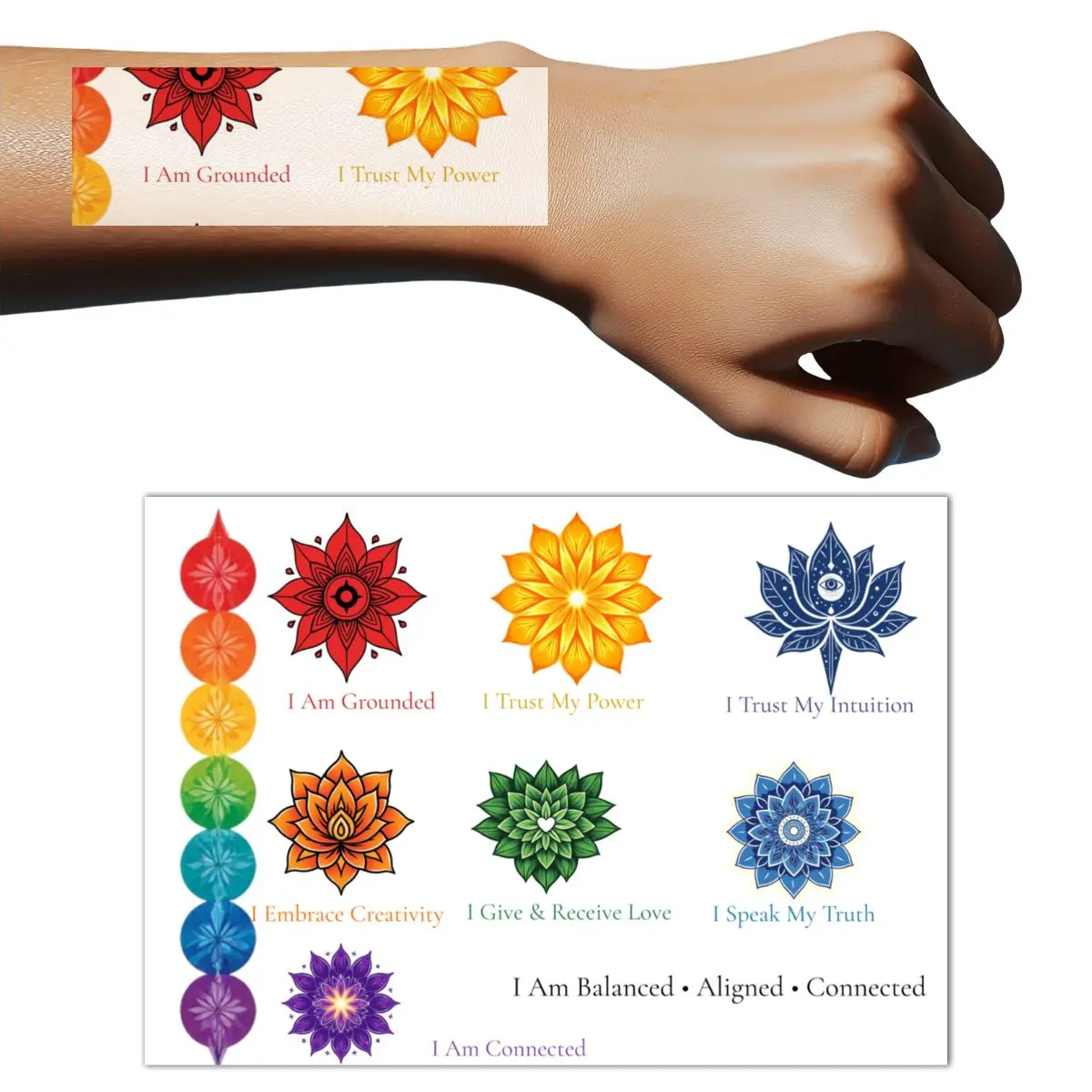Sacred Ink Seven Chakras Balance & Alignment Temporary Tattoo Sheet