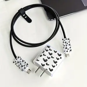 Open 5pcs Black Love Element Suitable for iPhone 16 15 14 13 12 11 Pro Max Charger Case, Breakage and Wear Protection Boyfriend/Girlfriend Gift 20W Fast Charging Head and 18W Data Cable Protector