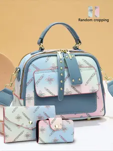 Women's Fashionable Cute Lucky Clover Pattern PU Leather Handbag & Crossbody Bag & Clutch, Casual Versatile Bag Set for Daily Used