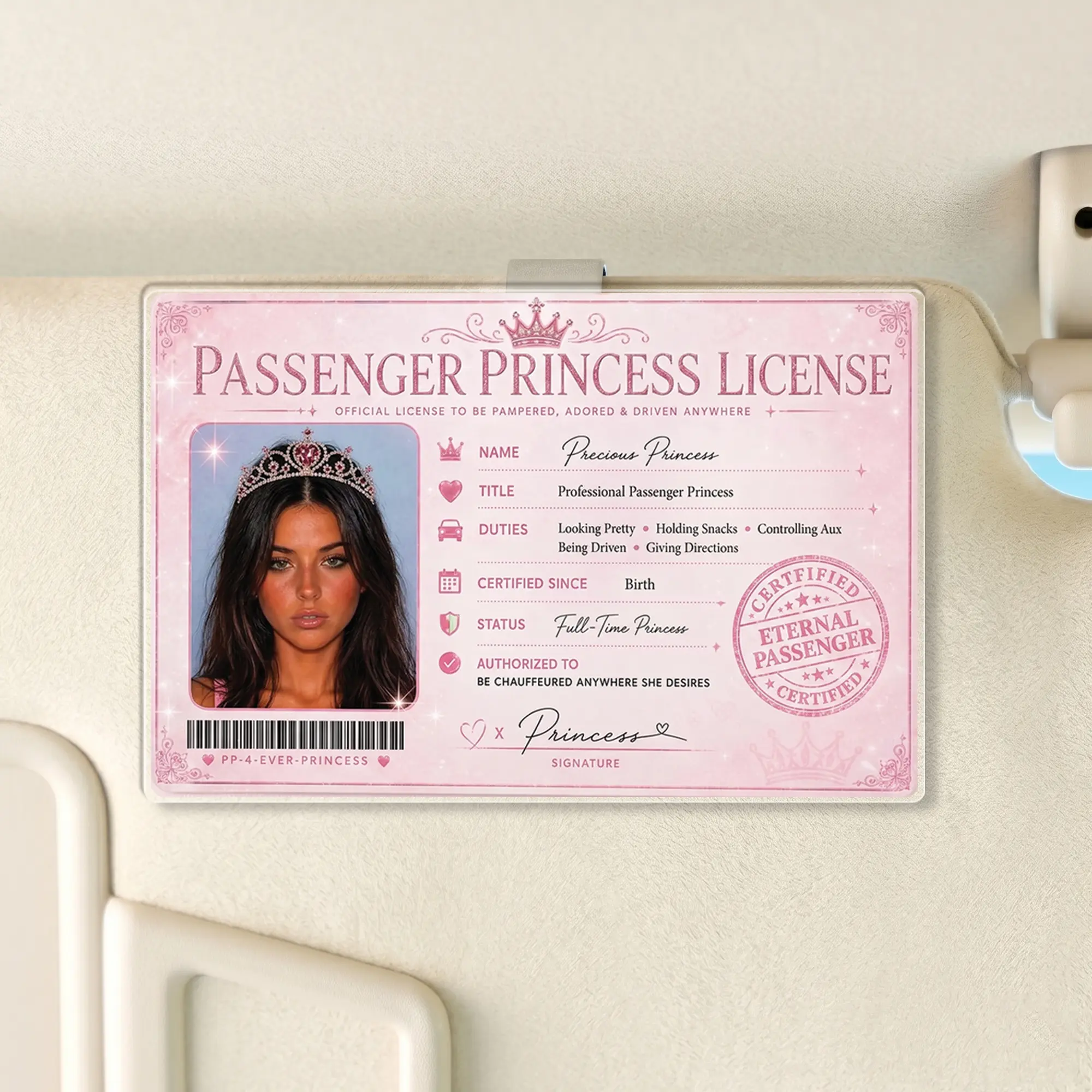 RodyThread Personalized Passenger Princess License Acrylic Car Visor Clip Accessory Novelty ID Card For Women Girlfriend Teen Girls Custom Coquette Y2K Preppy Girly Aesthetic Pink Acrylic Funny Gift For Her Men Car Decor Accessories Auto Interior Styling