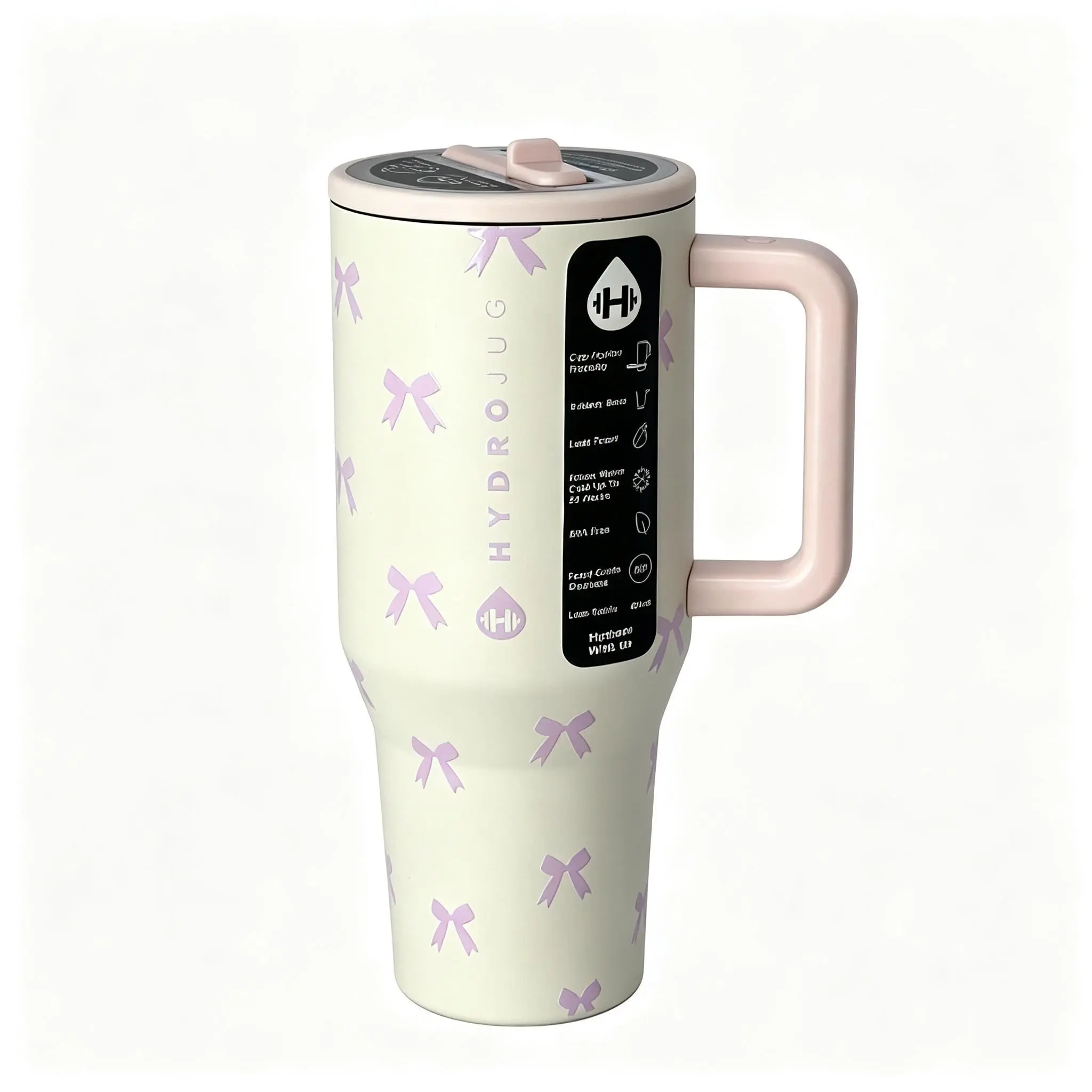 HydroJug 40oz Insulated Stainless Steel Travel Tumbler Vacuum Flask with Handle, Straw - Leak-Proof, Safe for Everyday Use, Casual for Adults, Car & Gym, Father's Day Gift - Purple Bow Series