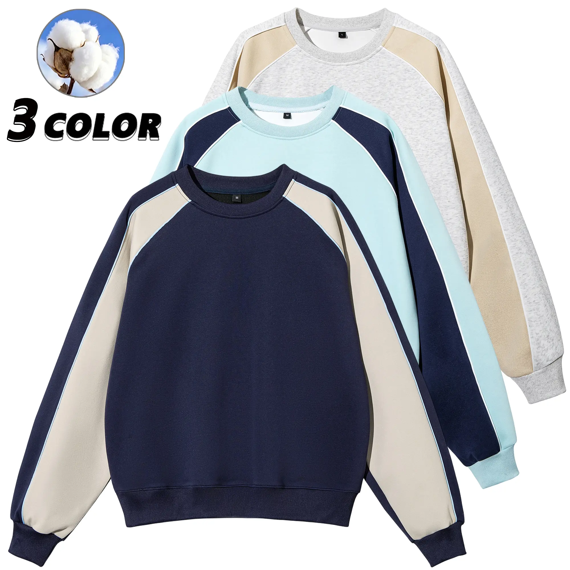 EKF men’s color-block crewneck sweatshirt with shoulder inserts, suitable for relaxed campus and everyday casual wear in spring and autumn.