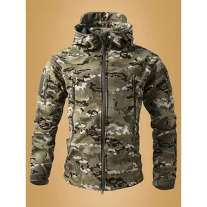Men'S Outdoor Camouflage Soft Shell Fleece Jacket, Hooded, Zipper Closure, Polyester, 320g/m2, Loose Fit, Solid Color, Woven, with Polyester Fiber Lining, for Autumn, Winter, Tactical, Hiking, Work Wear