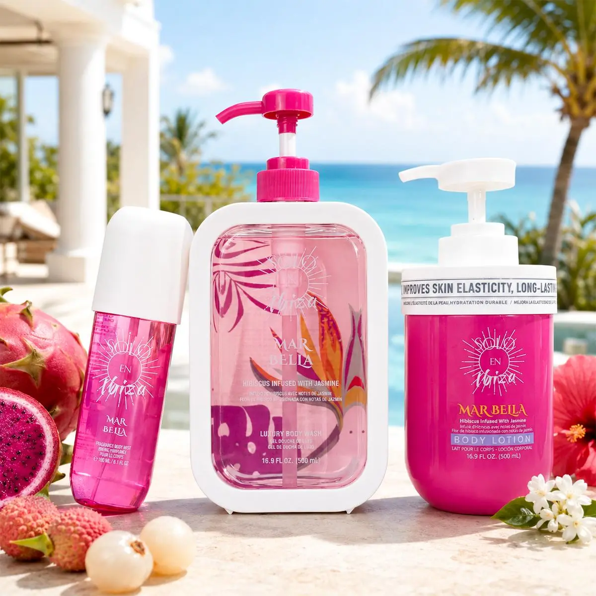 SOLO EN IBIZA Marbella 3-Piece Bath & Body Layering Set, 6.1 fl oz (180ml) Fragrance Mist, 16.9 fl oz (500ml) Body Lotion & Body Wash, Tropical Fruity Floral Scent with Pitaya, Lychee, Jasmine, Vanilla & Musk