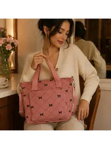 Elegant Bow Printed Corduroy Shoulder Tote Bag Women Large Capacity Crossbody Purse Casual Daily Work Travel Shopping Handbag Aesthetic Soft Girl Fashion Streetwear Style Christmas Birthday Halloween Holiday Gift for Wife Mom Girlfriend Daughter